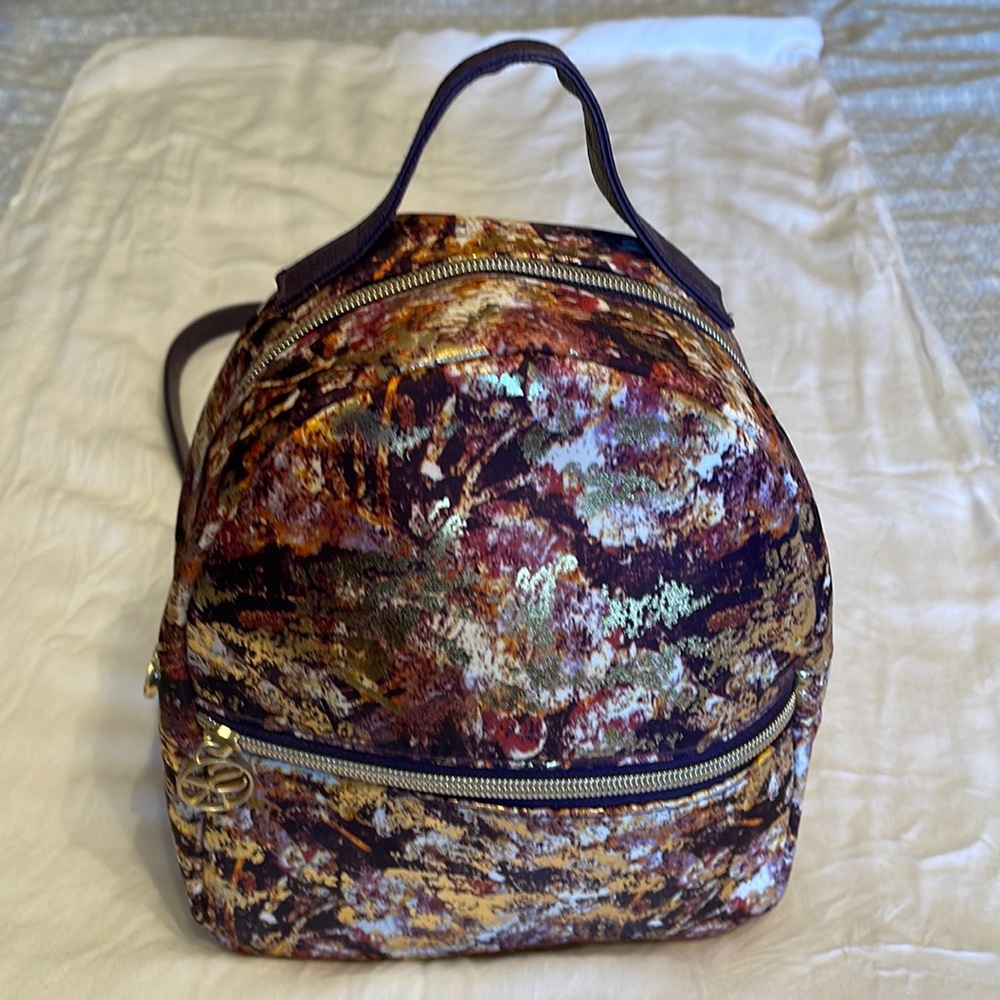 Sonia Kashuk backpack style purse gold foil purple straps like new
